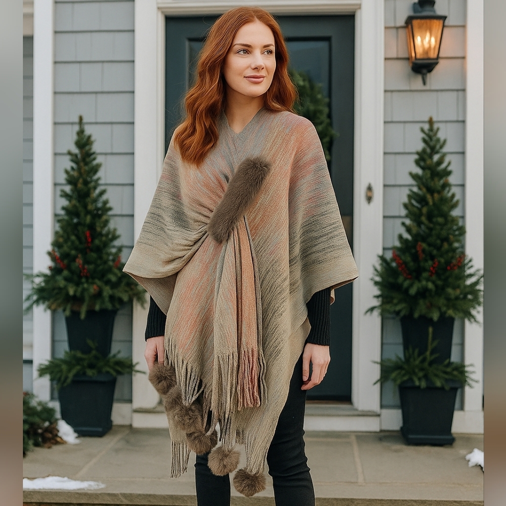 Faux Fur Pom-Pom Fringe Hem Poncho Sweater Wrap Colorful Knit Oversized Swawl